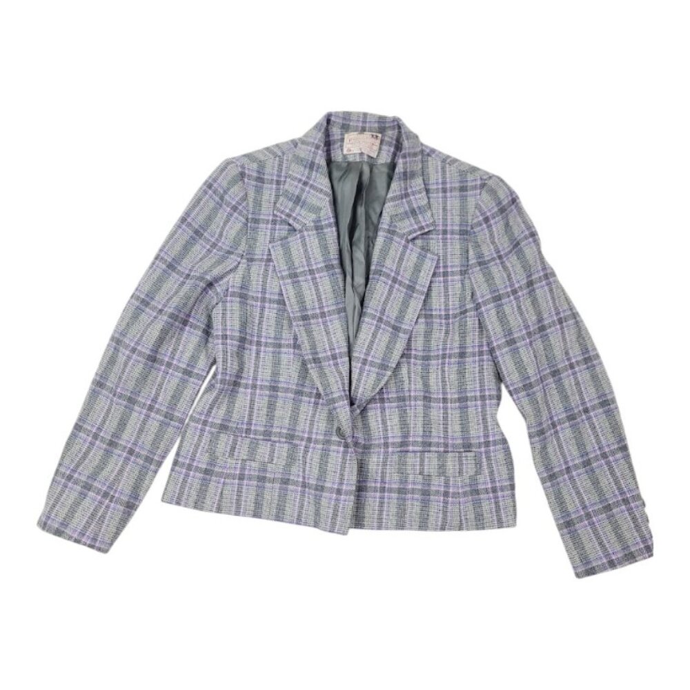 Pendleton Women's Gray Purple Plaid Virgin Wool Single Breast Blazer Jacket 12